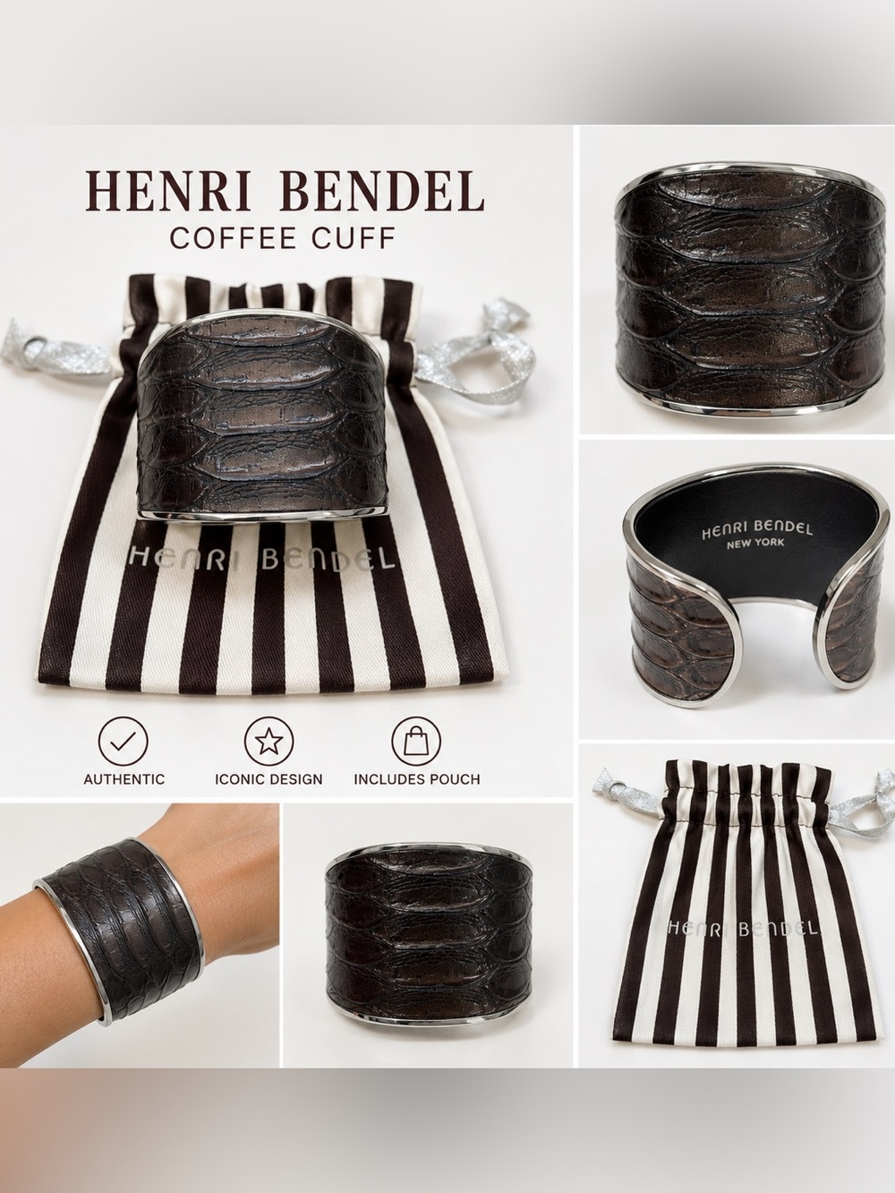 🤎 Henri Bendel Brown Embossed Cuff Bracelet 🤎 with Dust Bag! Rare, Discontinued.